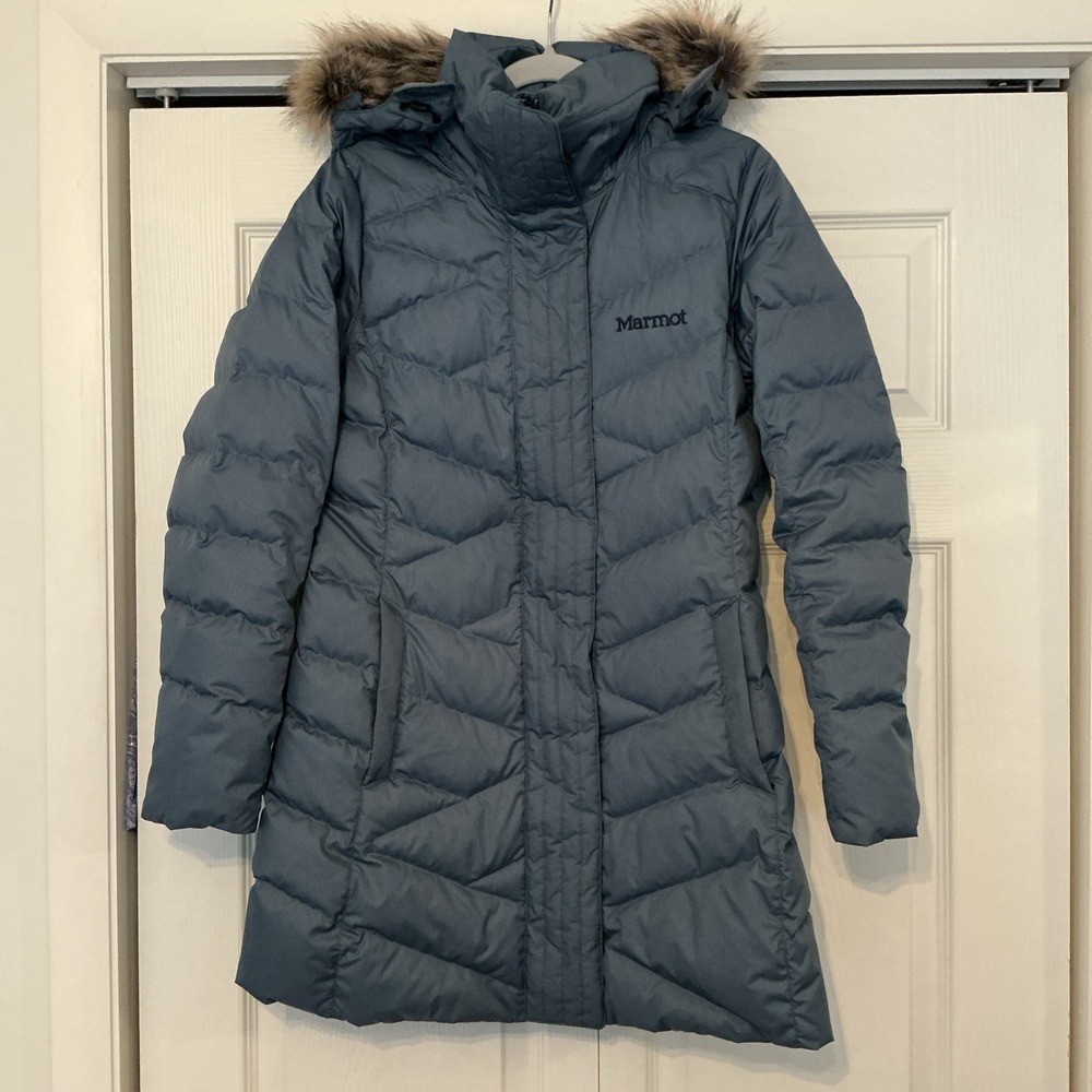 Marmot Down Parka Mid Thigh Puffer Jacket Women's Medium Coat Hooded Fur Blue